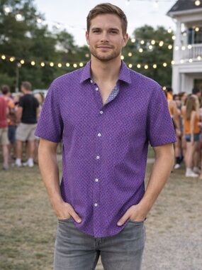 💜👉🔥 Jack Maverick Button-Up Shirt XL | Purple Floral Print Short Sleeve Mens